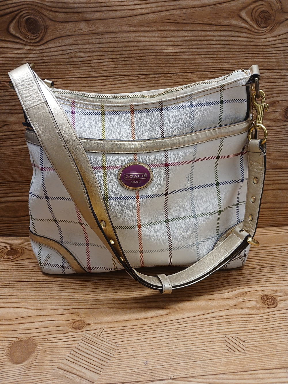 Vintage Coach White Multicolor Plaid Handbag Adjustable Strap Bag